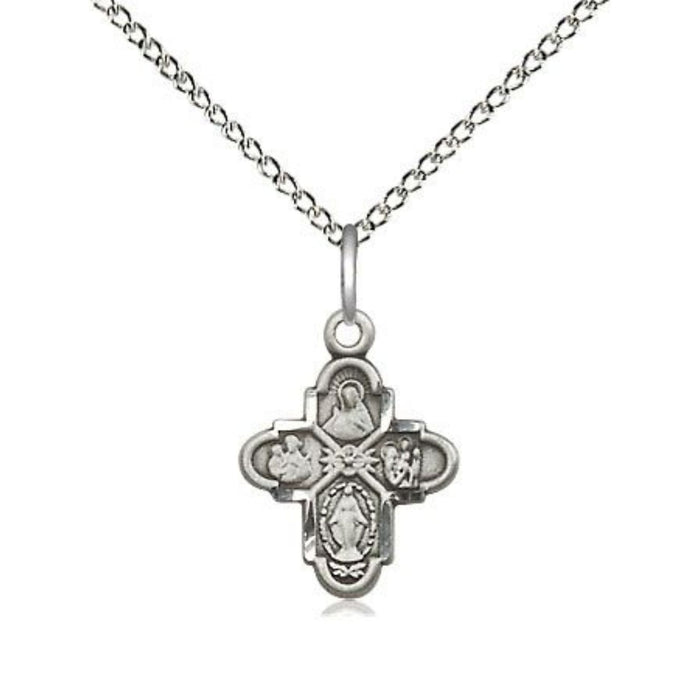 Four Way Medal 0.625" Sterling Silver on 18" Sterling Silver Light Curb Chain