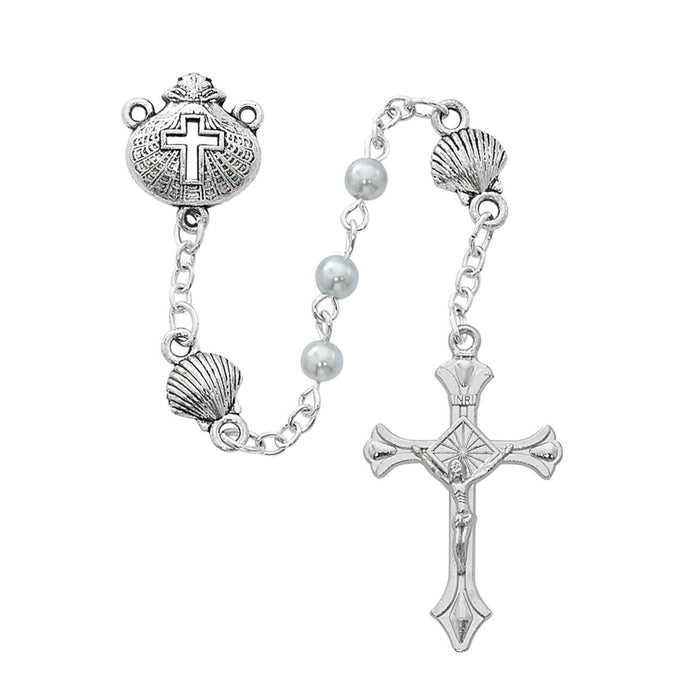 Baptism Rosary 4mm Blue Pearl Beads and Shell Our Fathers