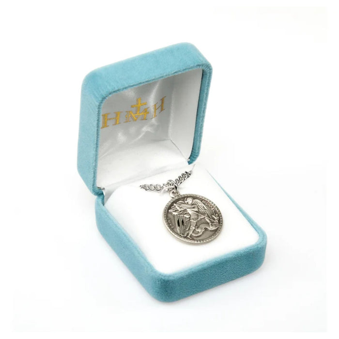 St Michael Medal Round Sterling Silver on 24" Chain