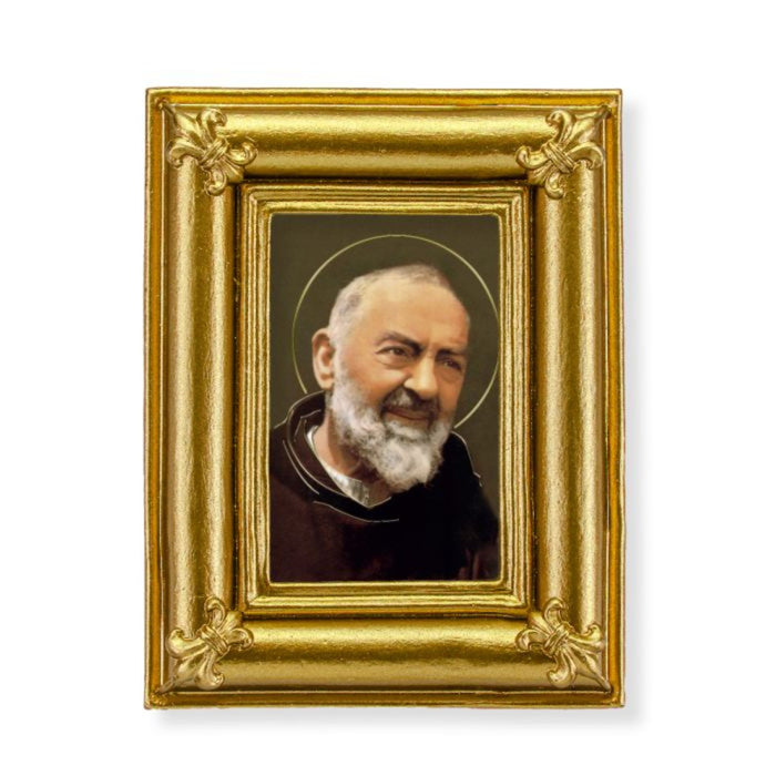 St Pio in Gold Frame with Fleur de lis Corners