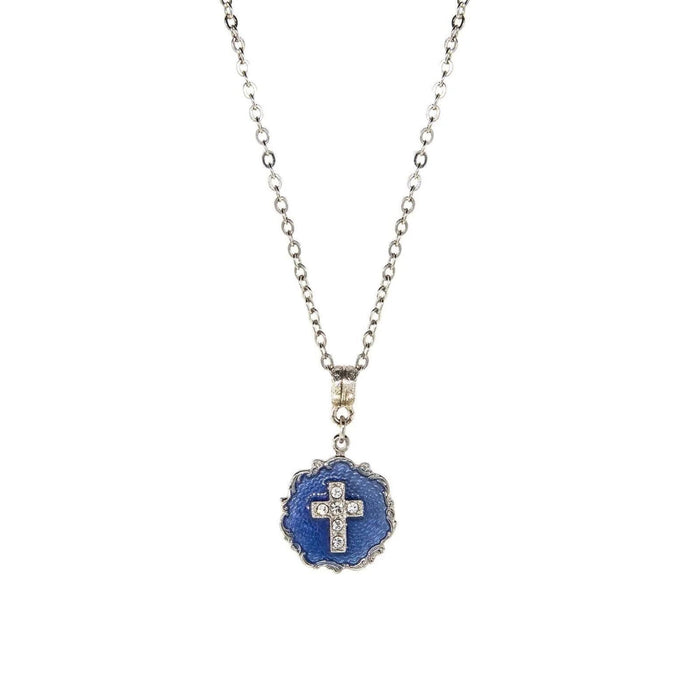 Cross Pendant Sunburst Blue Enamel Crystal Necklace 16" + 3" Extender
