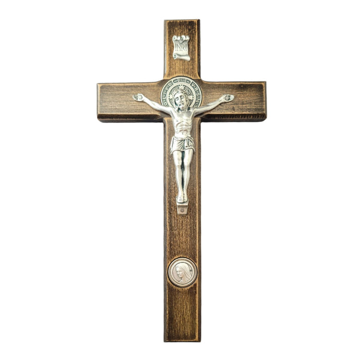St Benedict Wall Crucifix From Medjugorje Dark Brown Wood