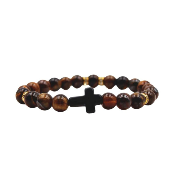 Bracelet Cross with Genuine Tiger's Eye Beads