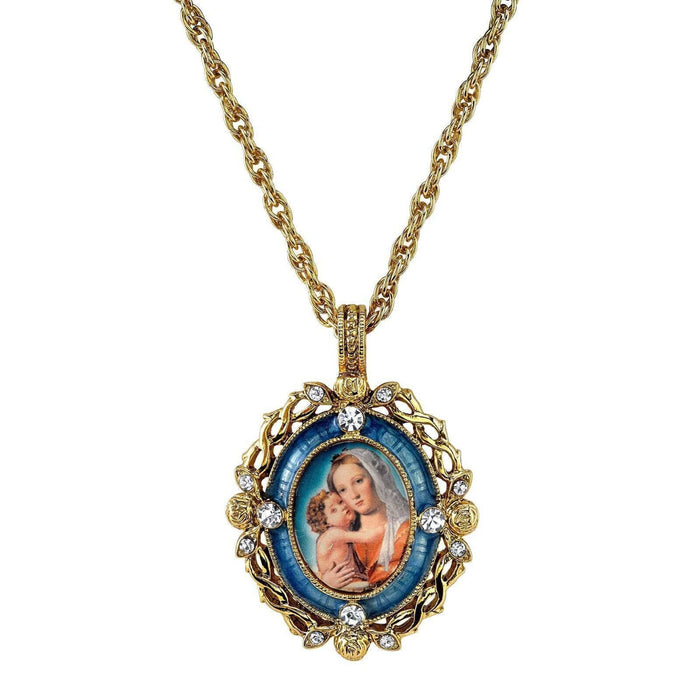 Madonna and Child Pendant Crystal Blue Enamel Necklace 24"