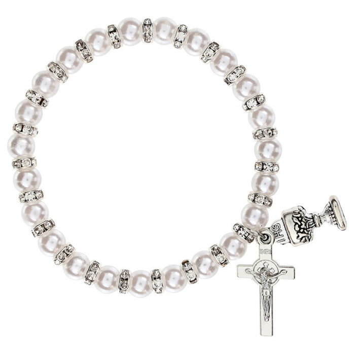 First Communion Bracelet White Pearl and Crystal Rondelle