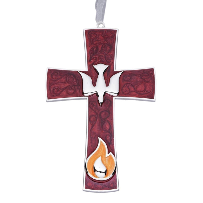 Confirmation Cross Red Enamel with Dove 7.5" High
