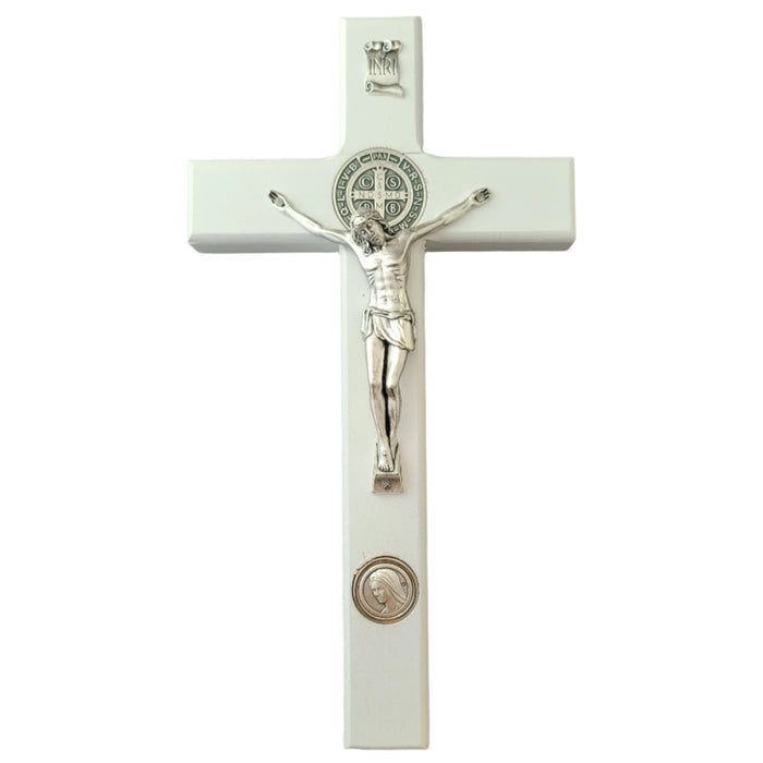 St Benedict Wall Crucifix From Medjugorje White Wood