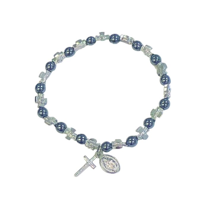 Bracelet Hematite and Silver-tone Cross Beads