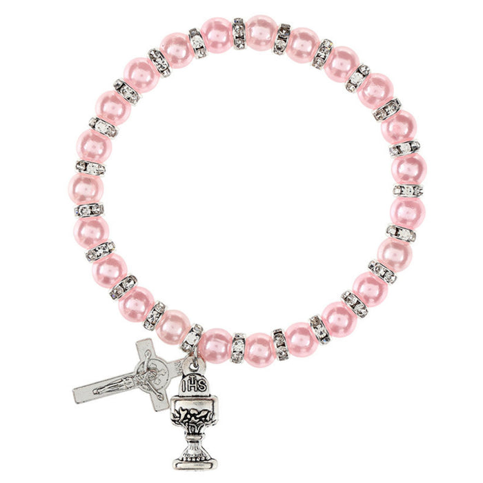 First Communion Bracelet Pink Pearl and Crystal Rondelle
