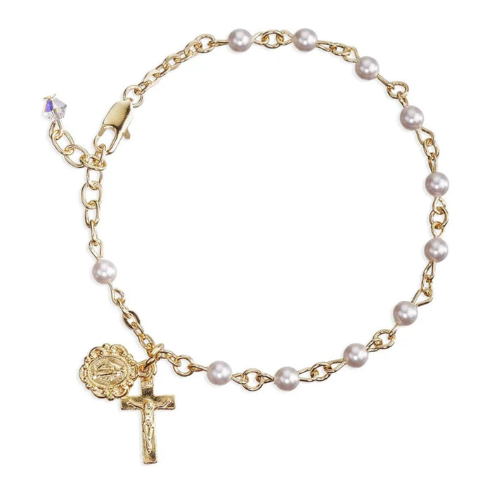 Child Rosary Bracelet 4mm White Imitation Pearl Gold Plated