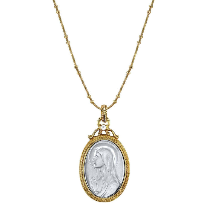 Virgin Mary Medallion Two Tone with Crystal Accent Necklace 20"