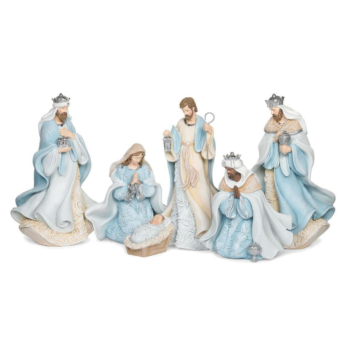 Nativity 6 Piece Set 10" High Light Blue Leaf Pattern