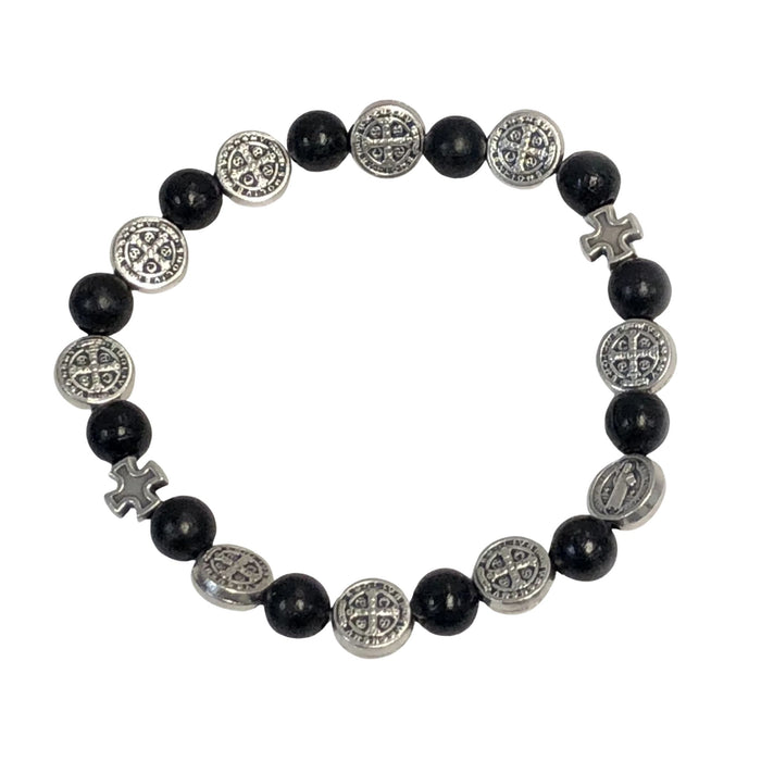 Bracelet St Benedict Medals and Black Wood Beads Stretch