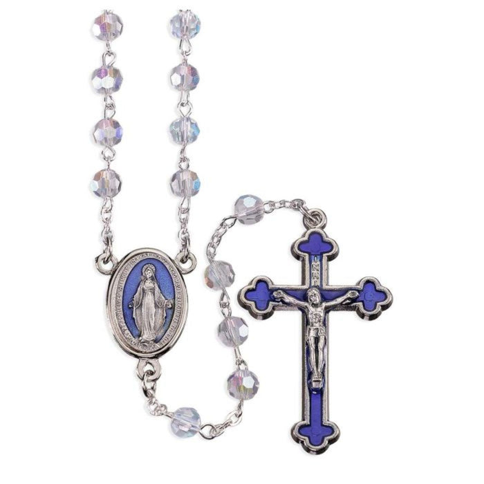 Rosary 6mm Aurora Crystal Beads with Blue Epoxy Miraculous Center