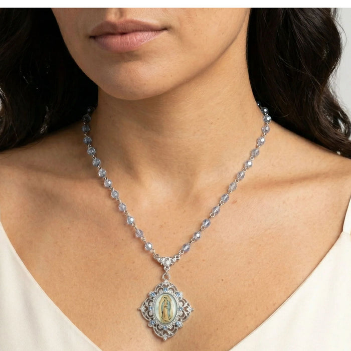 Our Lady of Gaudalupe Light Blue Beaded Necklace 15 + 3" Extender