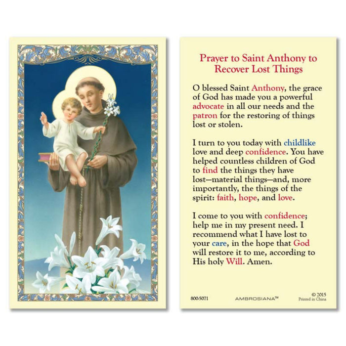 St Anthony Prayer to Recover Lost Things Holy Card