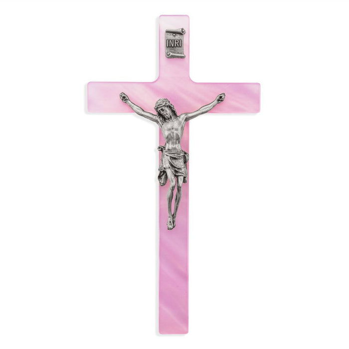 Crucifix 7" Pearlized Pink Cross with Fine Pewter Corpus