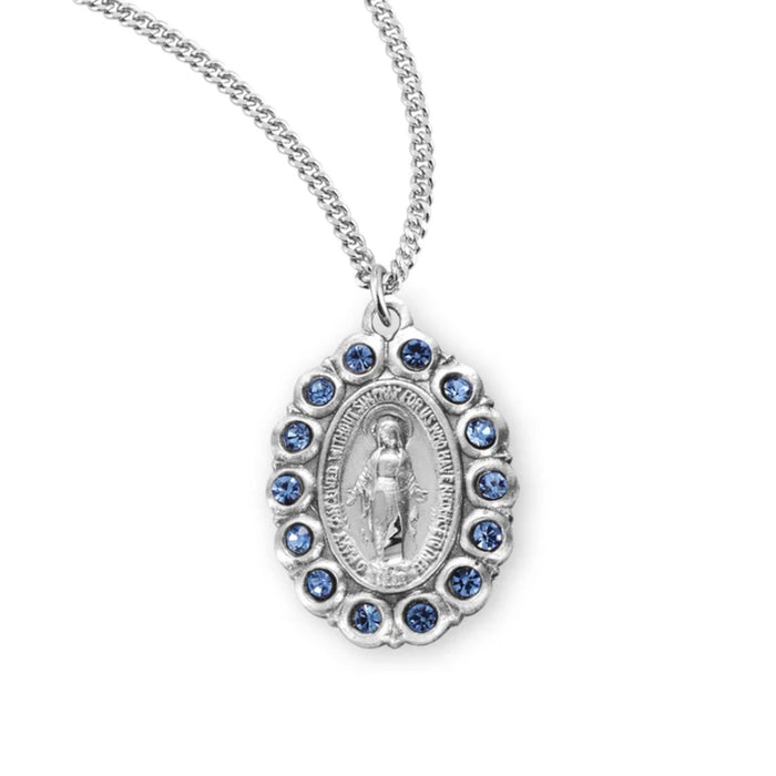 Miraculous Medal Sterling Silver and Sapphire Austrian Crystal on 18" Chain