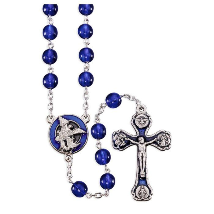 Rosary 7mm Blue Round Glass Beads with St Michael Center