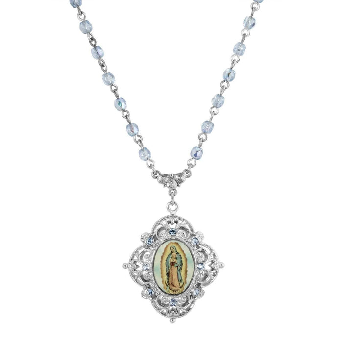 Our Lady of Gaudalupe Light Blue Beaded Necklace 15 + 3" Extender