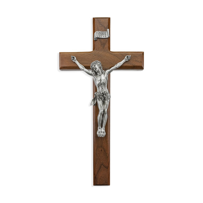 12" Walnut Crucifix with Antique Fine Pewter Corpus