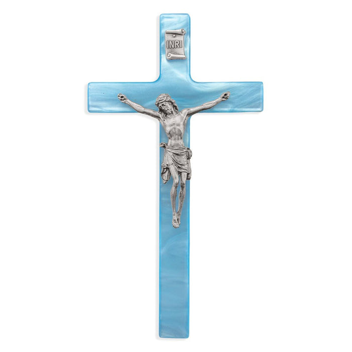 Crucifix 7" Pearlized Blue Cross with Fine Pewter Corpus