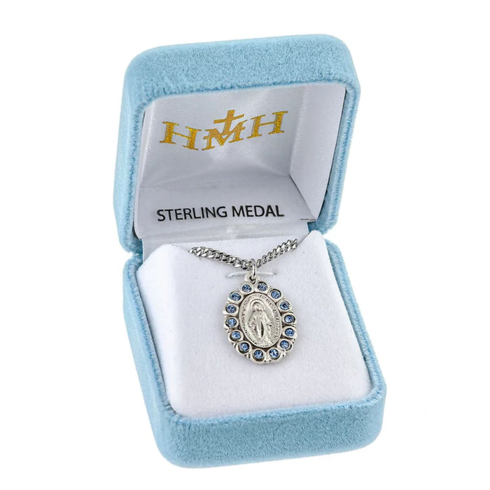 Miraculous Medal Sterling Silver and Sapphire Austrian Crystal on 18" Chain