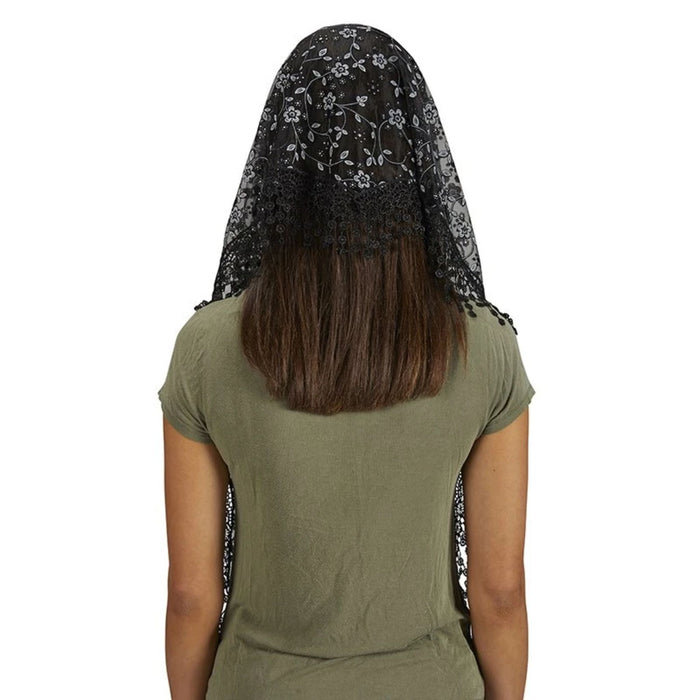 Black and White Lace with Tassels Chapel Veil
