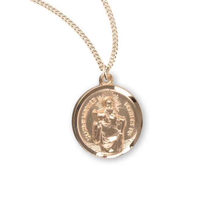 St Christopher Medal Round Gold Over Sterling on 18" Chain