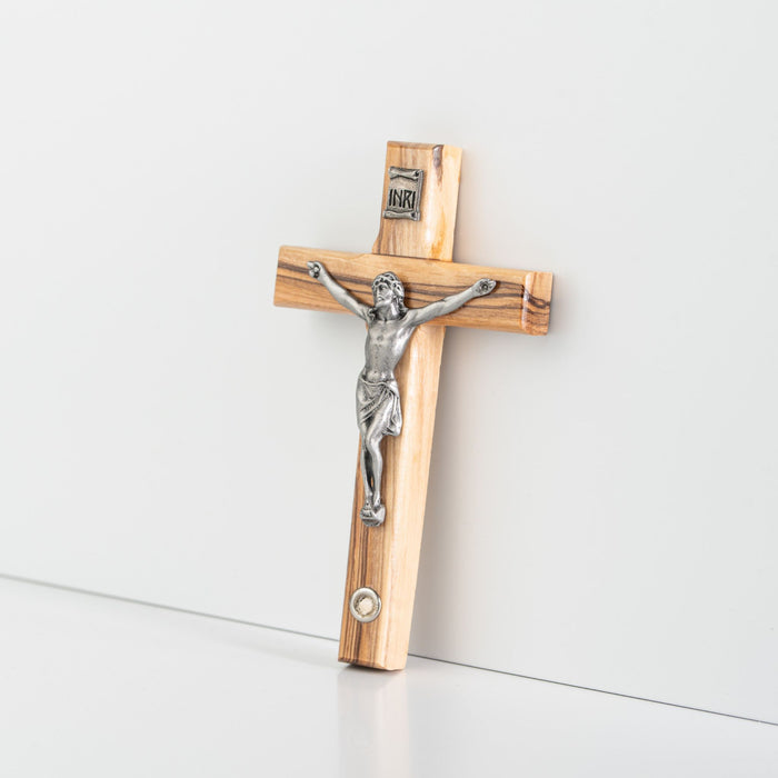 Olive Wood Crucifix with Bethlehem Stone and Pewter Corpus