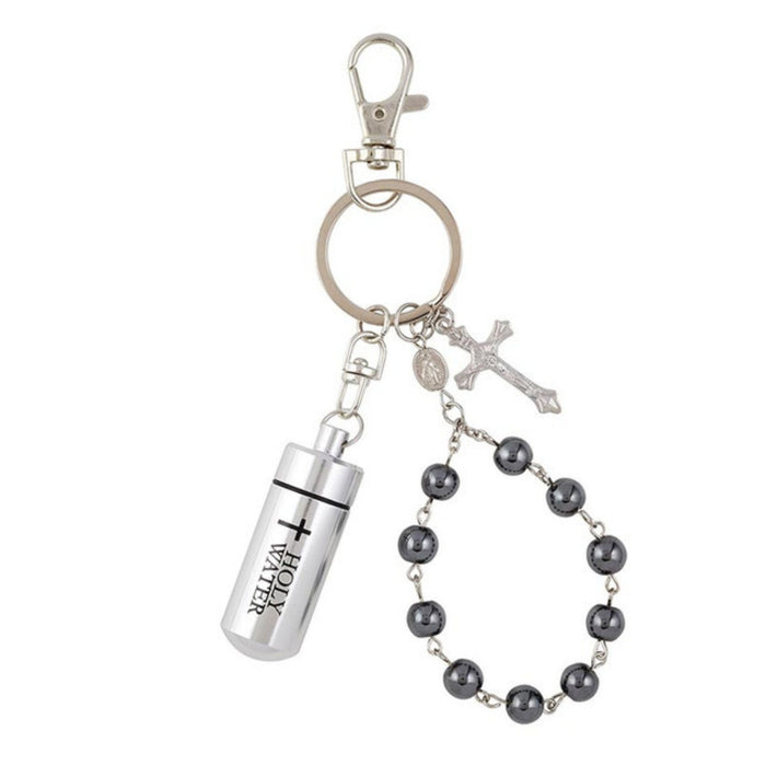 Key Ring Holy Water Vial and Hematite One Decade