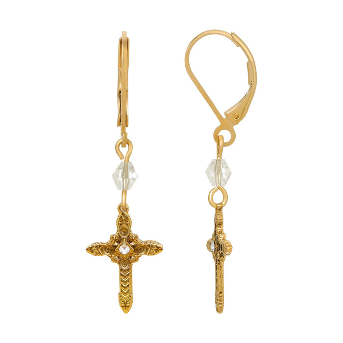 Earrings Ornate Cross with Crystal & Lantern Bead