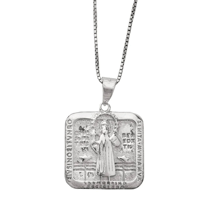 St. Benedict Sterling Silver Pendant Necklace with Box Chain