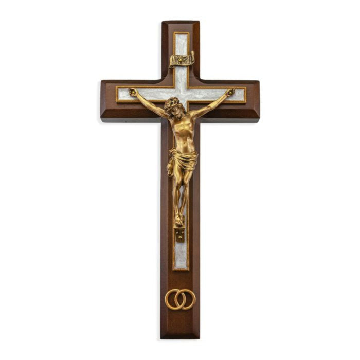 10" Walnut Wood and Pearlized Cross with a Gold Finish Corpus and Wedding Rings