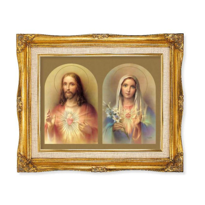 Sacred Hearts with Inner Linen Border in 15" x 18" Antique Gold Frame