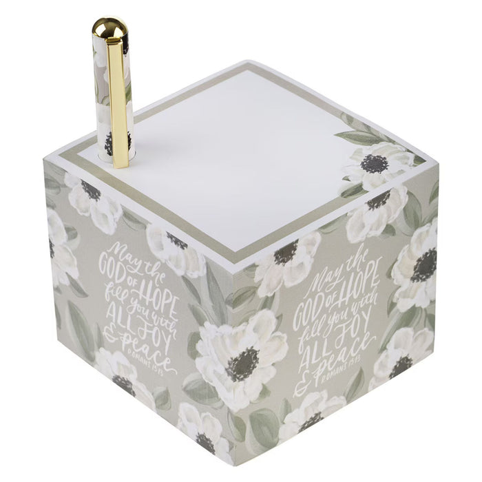 Joy and Peace Monochromatic Floral Note Block with Pen Set