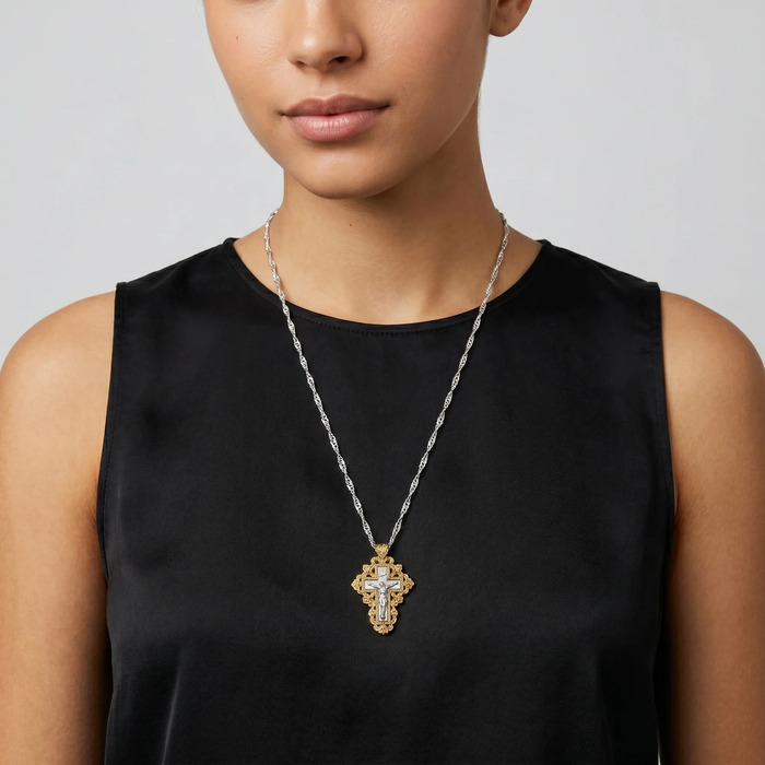 Crucifix Pendant Fleur De Lis Frame Necklace 24"