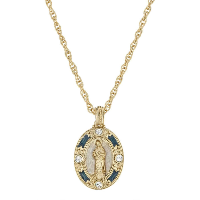 Blue Enamel Virgin Mary Immaculate Pendant Necklace 18"