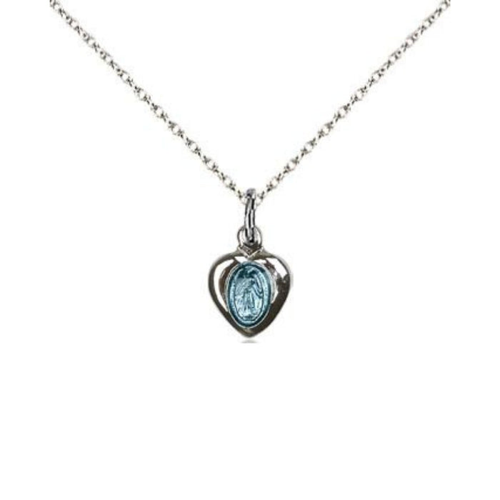 Miraculous Medal Sterling Silver Heart with Blue Epoxy on 18" Sterling Chain