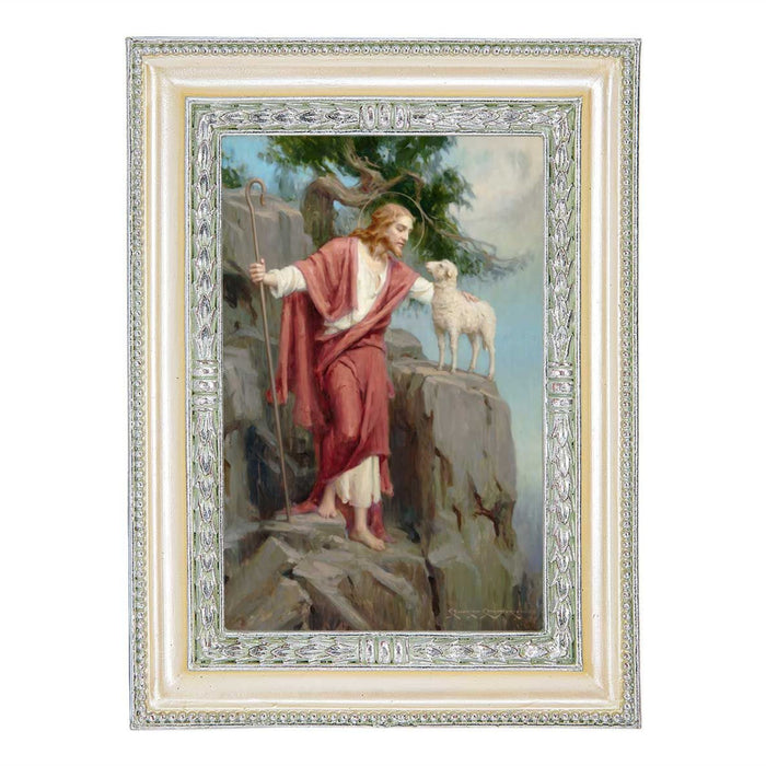 Christ and the Lost Lamb in Pearlized White Frame