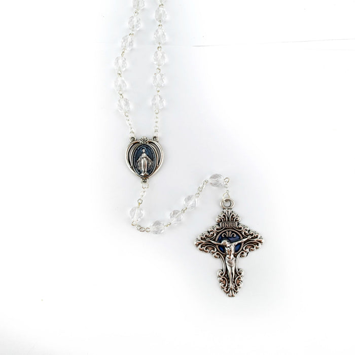Rosary 8mm Crystal Beads with Blue Enamel Miraculous Medal