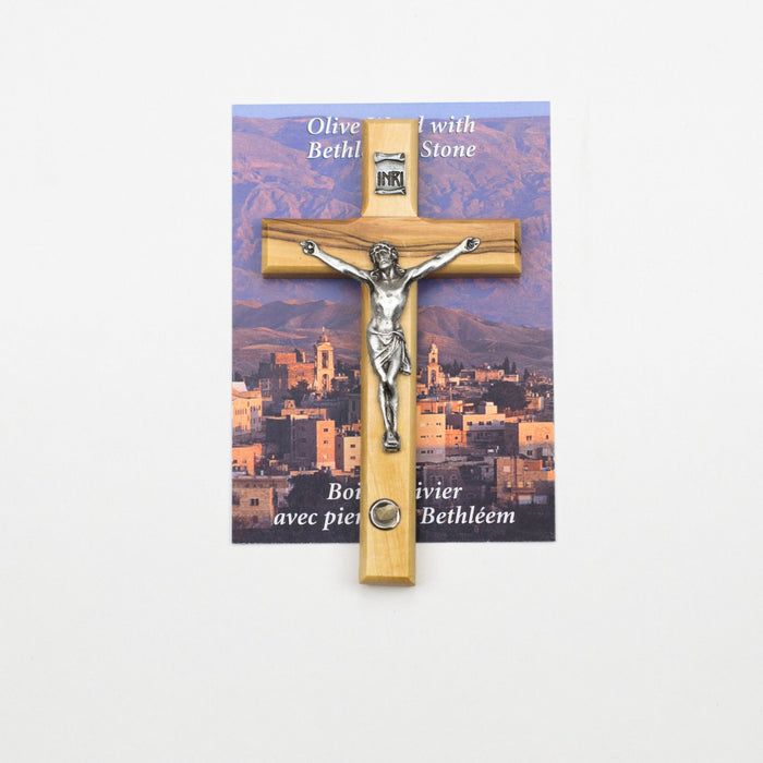Olive Wood Crucifix with Bethlehem Stone and Pewter Corpus