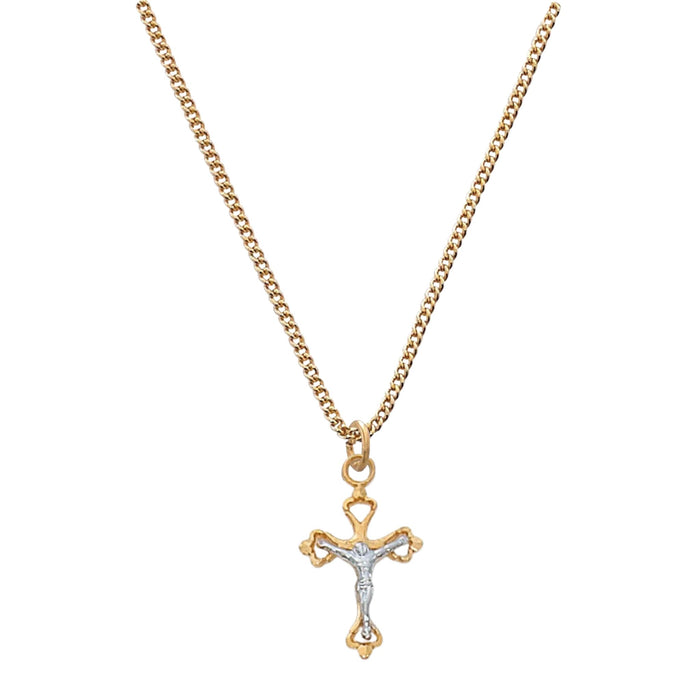 Child's Crucifix Two Tone Gold over Sterling Silver Looped Ends on 16" Chain