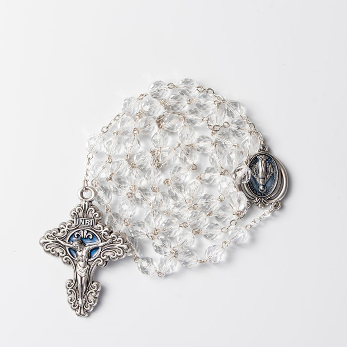 Rosary 8mm Crystal Beads with Blue Enamel Miraculous Medal