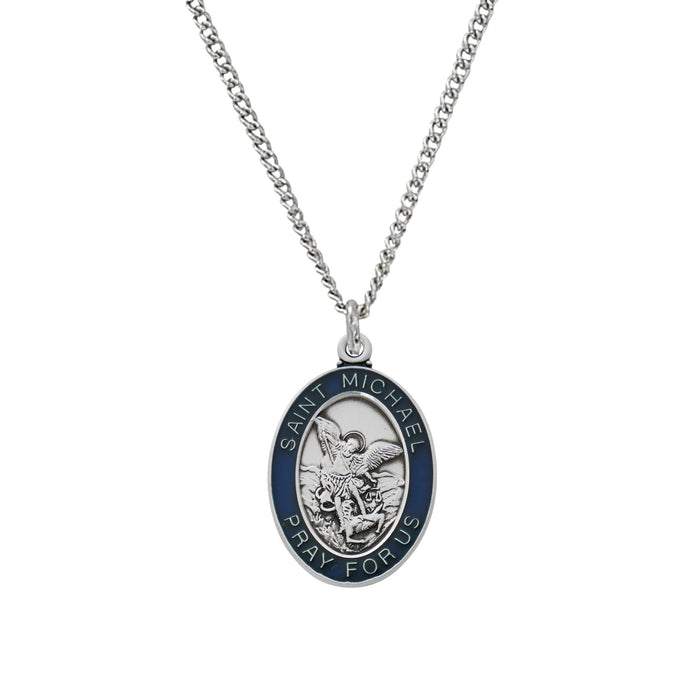 St Michael Sterling Silver Medal with Blue Epoxy on 24" Chain