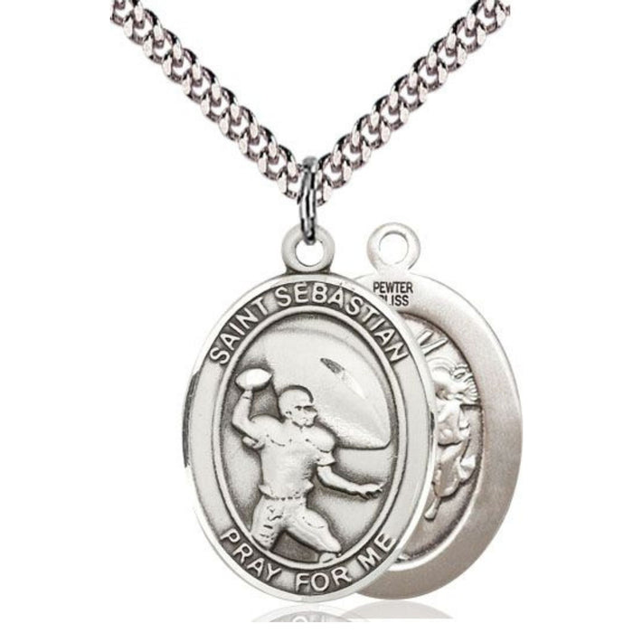 Football Medal with St Sebastian Pewter on 24" Chain