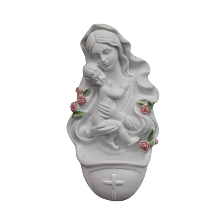 Holy Water Font Madonna and Child White with Roses