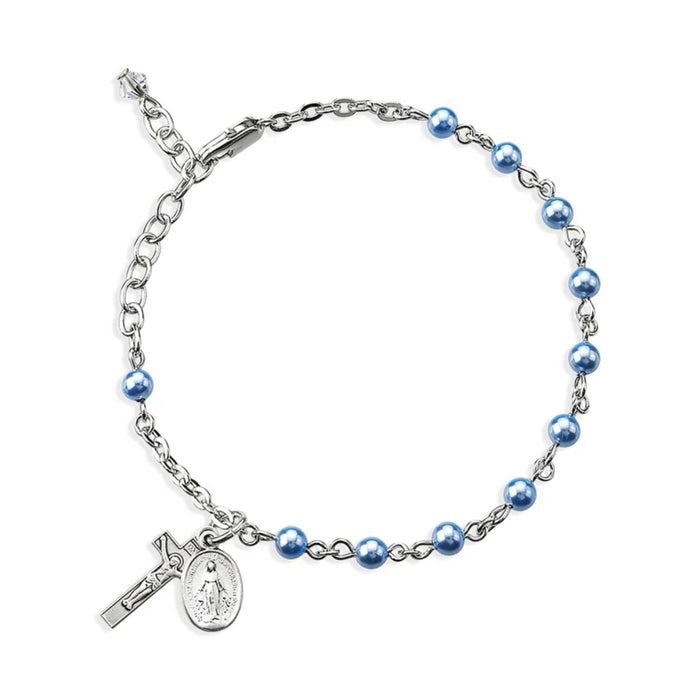 Child Rosary Bracelet 4mm Blue Pearl Beads and Sterling Silver