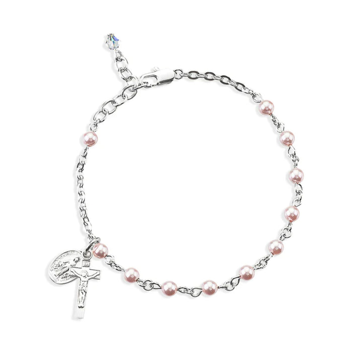 Child Rosary Bracelet 4mm Pink Pearl Beads and Sterling Silver