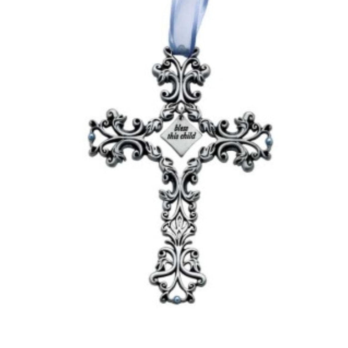 Baptism "Bless This Child" Cross Filigree design with Blue Ribbon